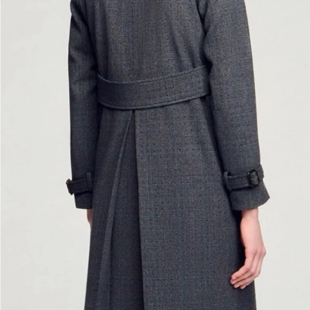 Sandro Checked Rhinestone-Embellished Trench Coat in Gray & Blue - Picture 6 of 9